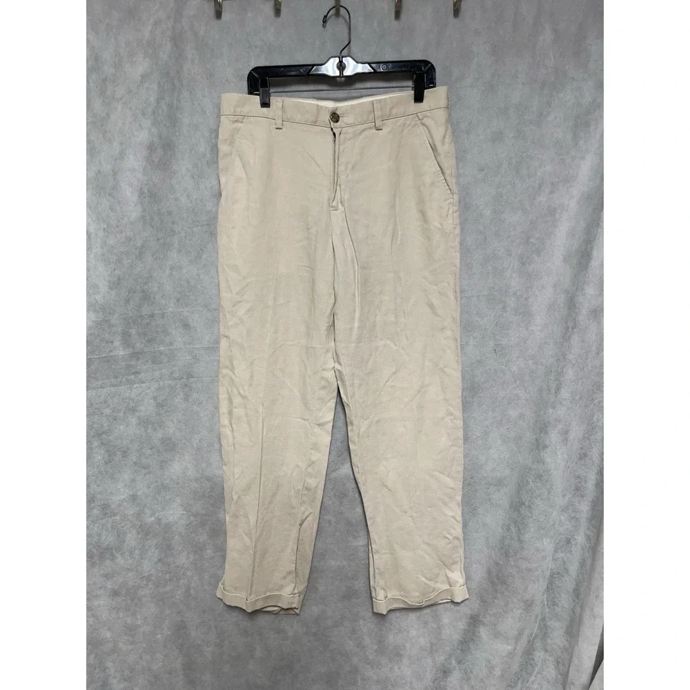 LL Bean Pants Men 34X32 Beige Cuff Straight Linen Baggy Coastal Academia Resort
